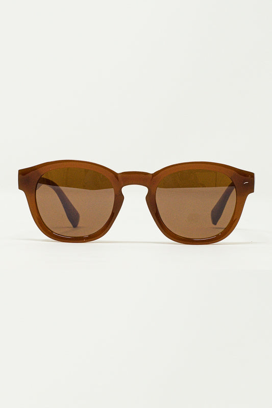 Q2 90's Round Sunglasses With Brown Tinted Lenses and Light Brown Frame