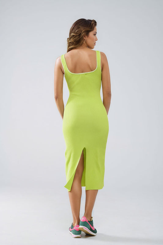 A-line Summer Body Hugging Dress in Lime Green With White Trim