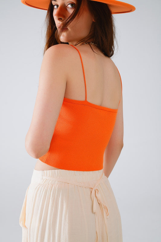 Basic knitted Top In Orange With Thin Straps