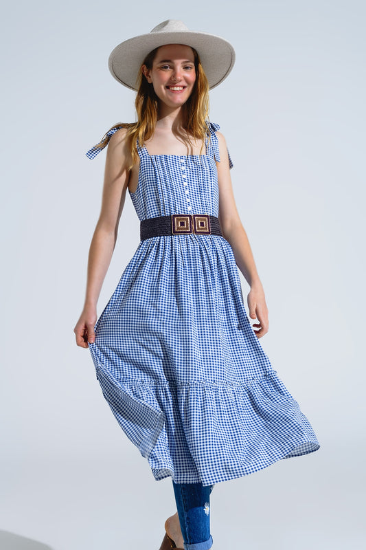 Blue and White Gingham A-line Dress With Adjustable Straps
