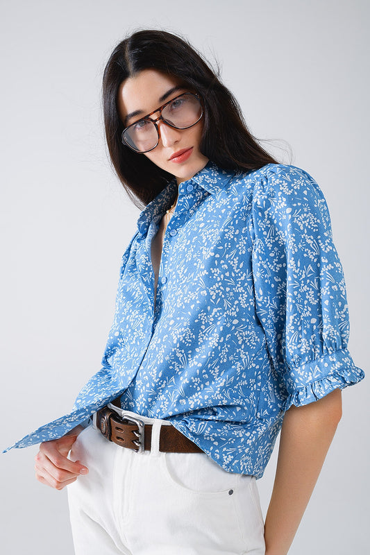 Q2 Blue Blouse with Floral Design and short sleeves