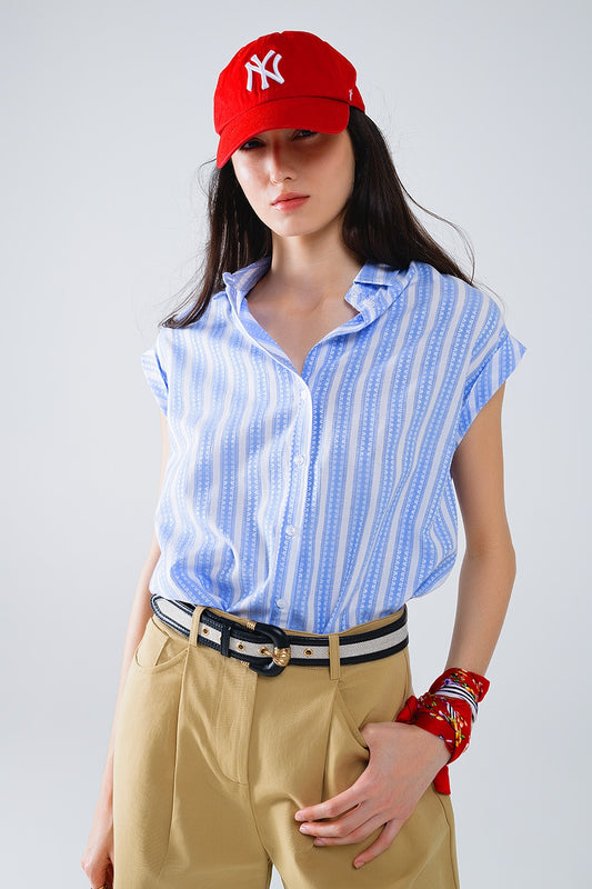 Blue Blouse With Vertical Stripes And Short Sleeves