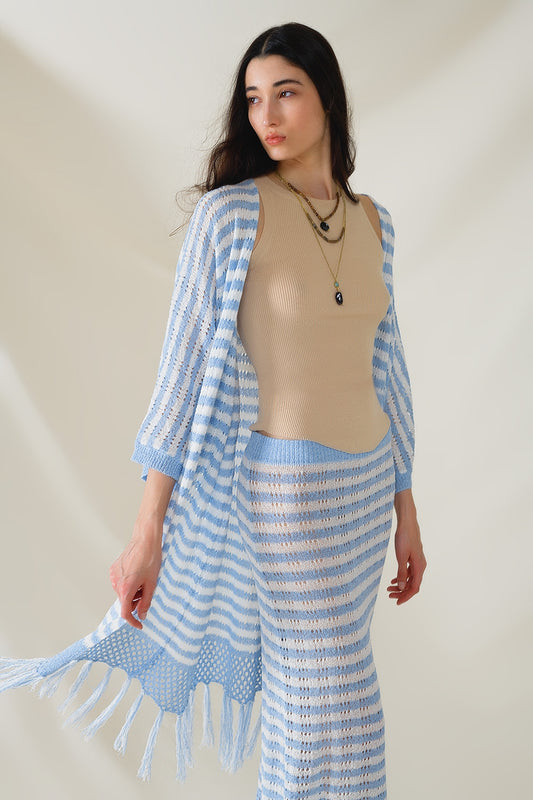 Q2 Blue Boho Style Cardigan With Stripes Pointelle Knit and Fringe Details