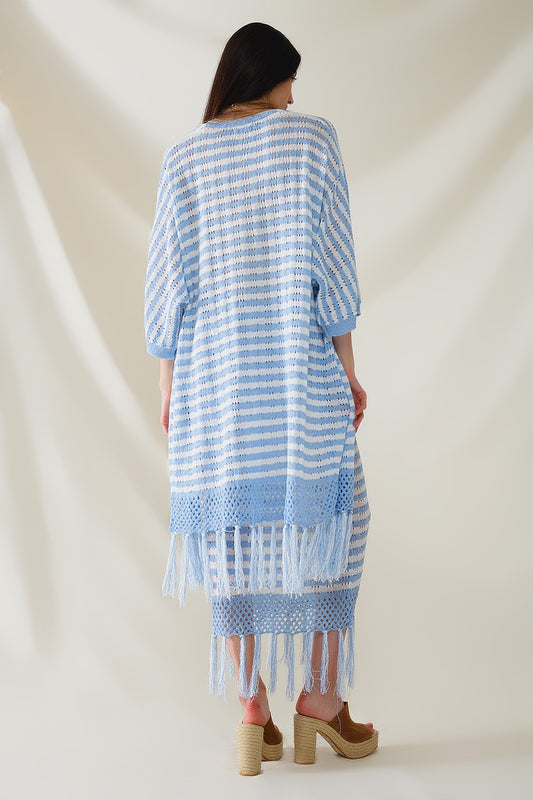 Blue Boho Style Cardigan With Stripes Pointelle Knit and Fringe Details