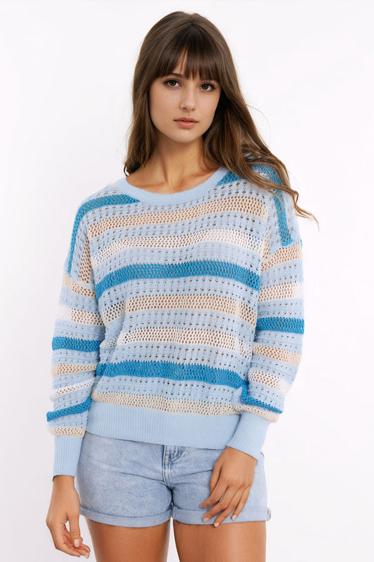 Q2 Blue knit sweater with blue and White stripes