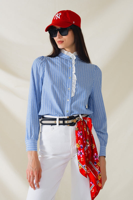 Q2 Blue Shirt With Vertical White stripes With Lace Detail