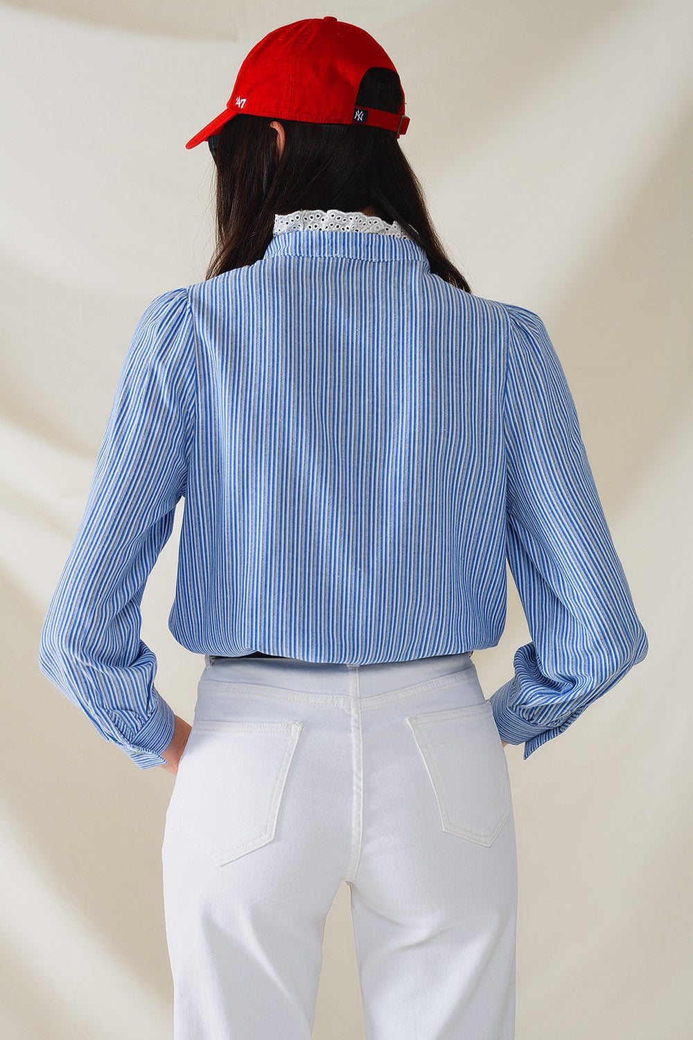 Blue Shirt With Vertical White stripes With Lace Detail