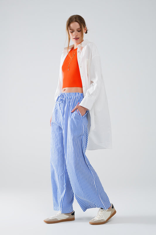 Blue Striped Pants with Elastic Waist and Pockets