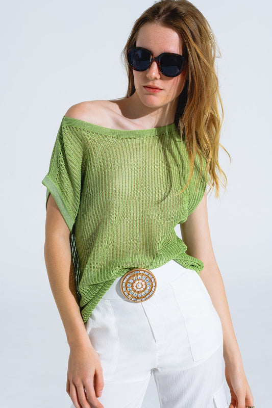 Q2 Boat Neck Ribbed Sweater With Cap Sleeves in Green