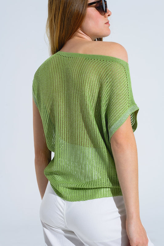 Boat Neck Ribbed Sweater With Cap Sleeves in Green