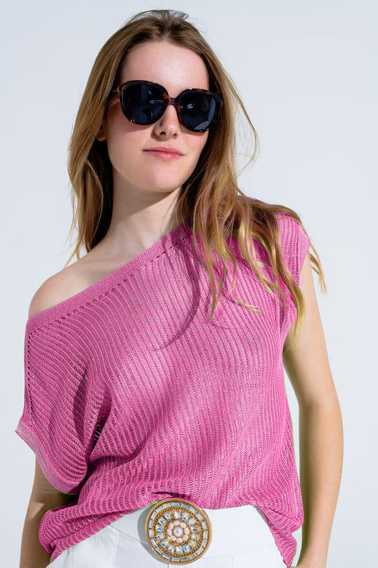 Q2 Boat Neck Ribbed Sweater With Cap Sleeves in pink
