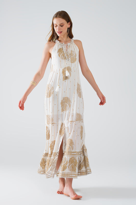 Q2 boho maxi chiffon dress with gold flower print