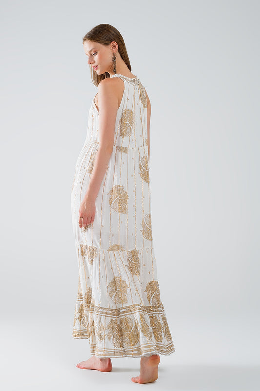 boho maxi chiffon dress with gold flower print
