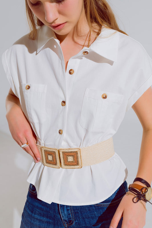 Q2 Button Up White Shirt With Chest Pockets