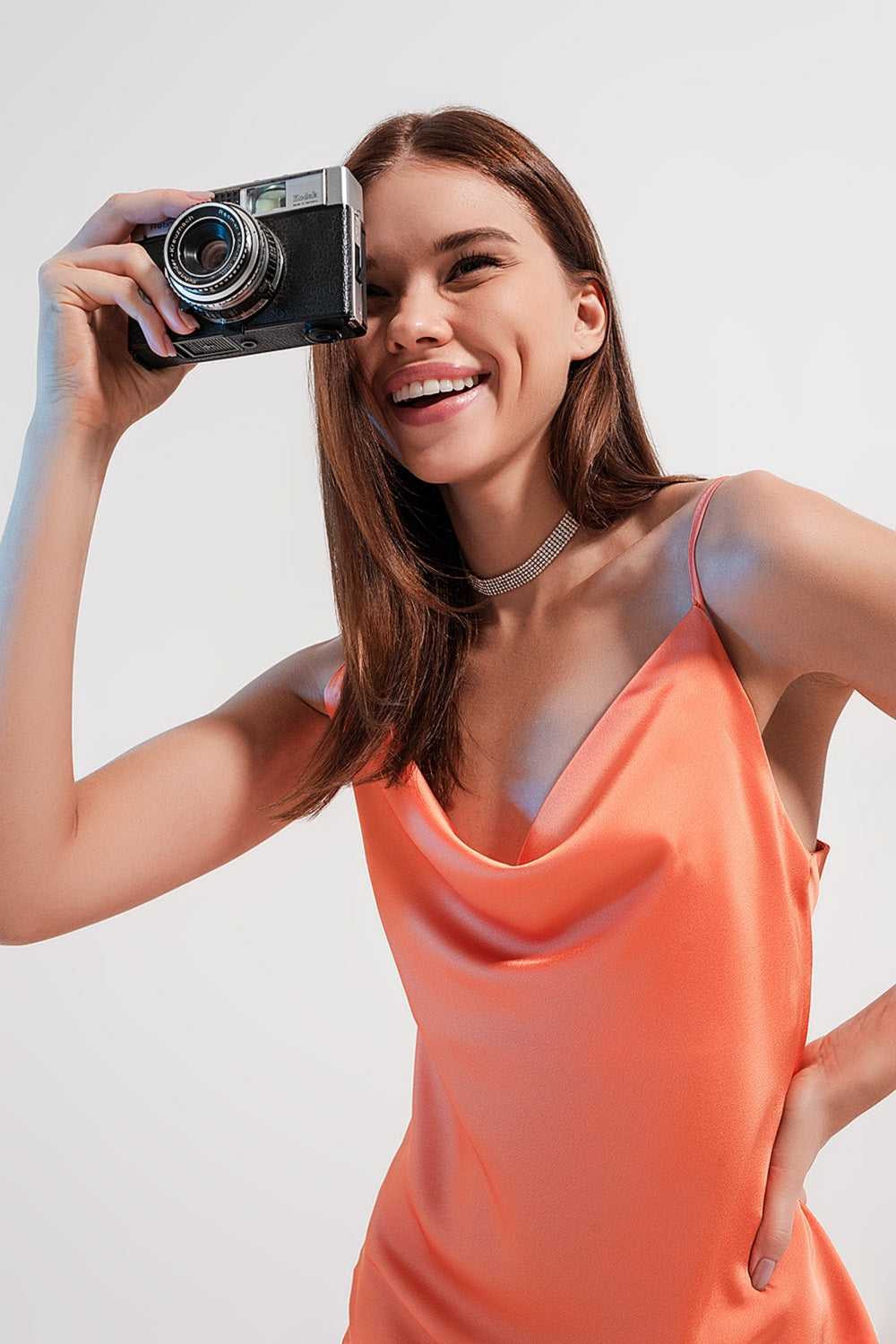 Cami midi slip dress in high shine satin in orange