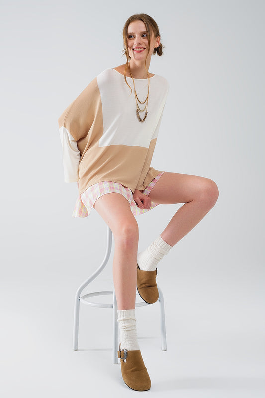 Q2 Color Block Bat Wing Sweater In White and Beige