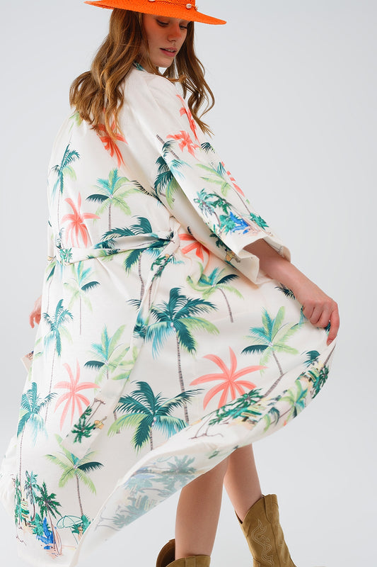 Q2 Cream Open Kimono with Beach Print in Midi Length