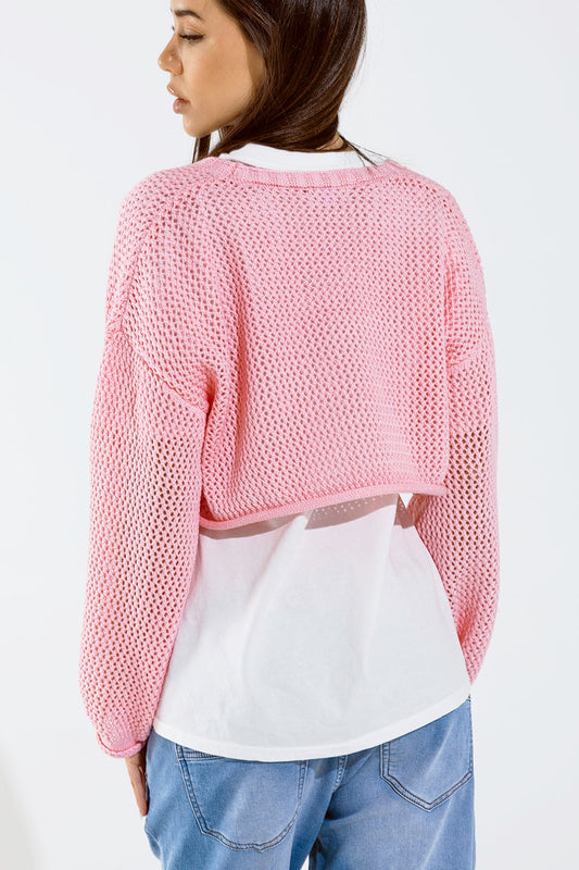 Crochet basic cropped cardigan in baby pink