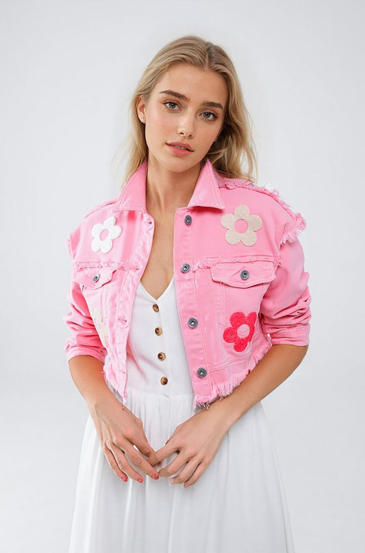 Q2 Cropped Jacket With Chest Pockets and Flower Details in Pink