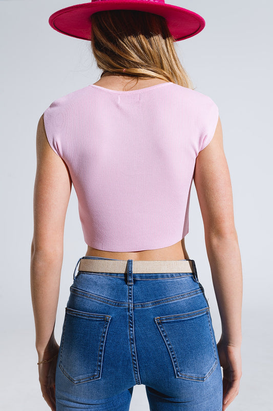 Cropped Knitted Short Sleeves T-shirt in Pink