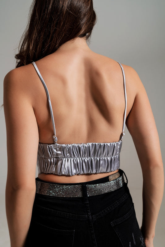 Cropped party top in satin fabric silver with V-neck
