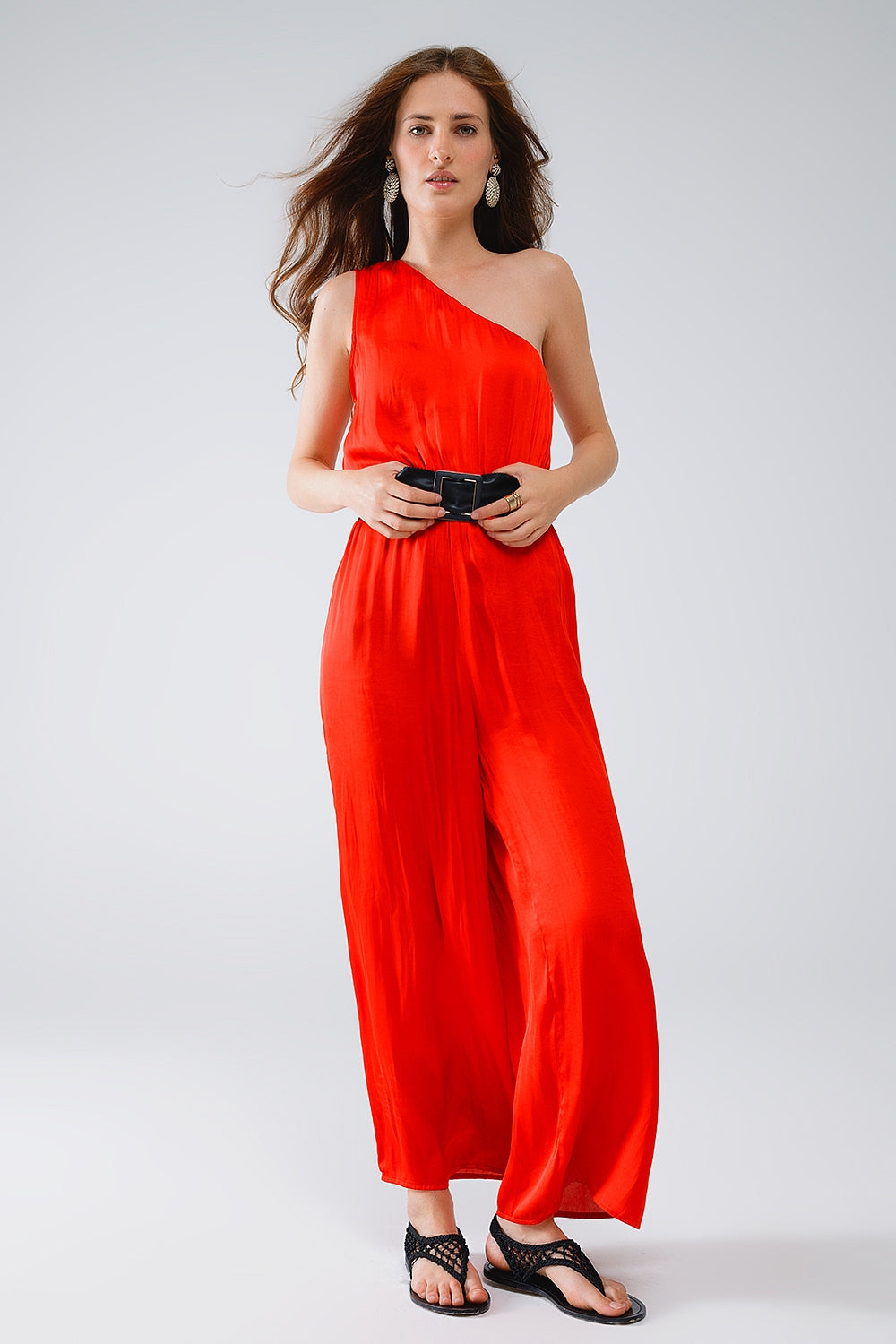 Q2 Drapped One Shoulder Jumpsuit With Cinched Waist In Red