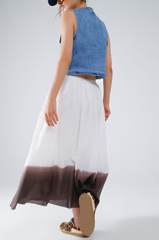 Flowy Drop Waist White Skirt With Brown Ombre Detail