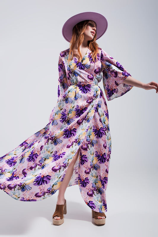 Q2 Flutter sleeve maxi dress in purple floral print