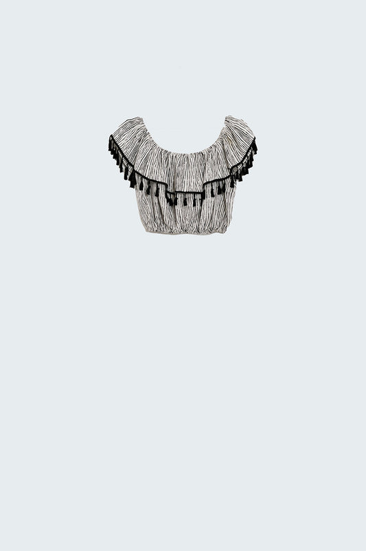 Q2 Gray print crop top with ruffle layer