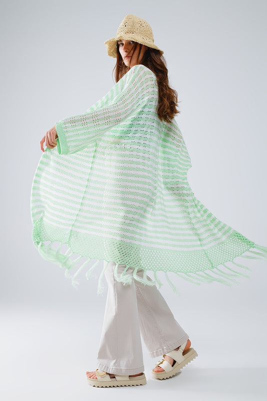 Q2 Green Boho Style Cardigan With Stripes Pointelle Knit and Fringe Details