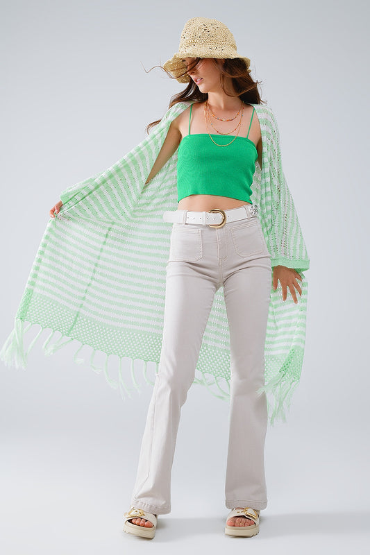 Green Boho Style Cardigan With Stripes Pointelle Knit and Fringe Details
