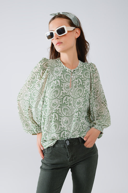 Q2 Green chiffon Blouse With Floral Print And Long Balloon Sleeves