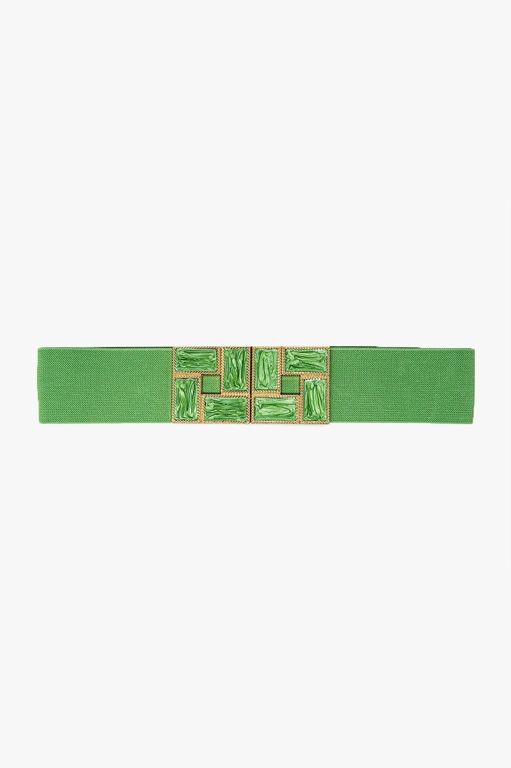 Q2 Green Elastic Belt With Squared Marbled Buckles And Gold Details