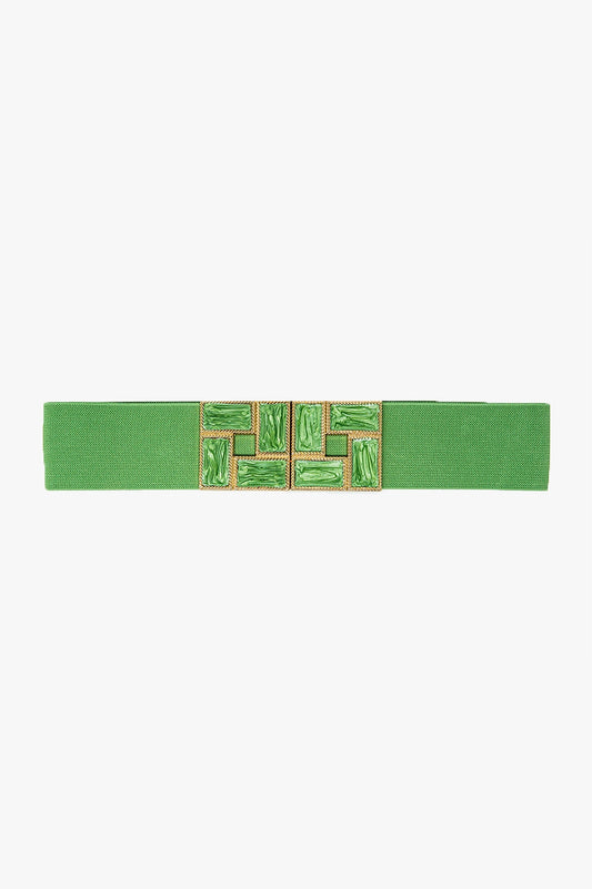 Q2 Green Elastic Belt With Squared Marbled Buckles And Gold Details