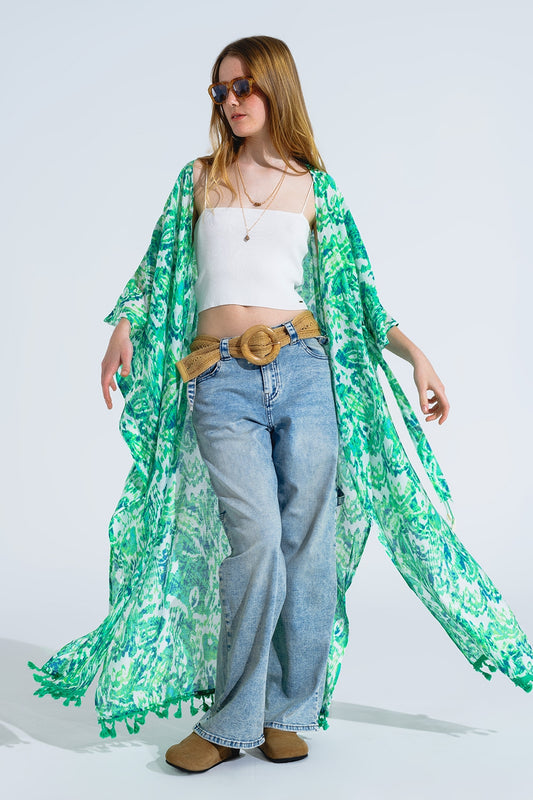 Q2 Green Long Kimono With Drawstring Closing in Tribal Print