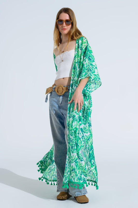 Green Long Kimono With Drawstring Closing in Tribal Print
