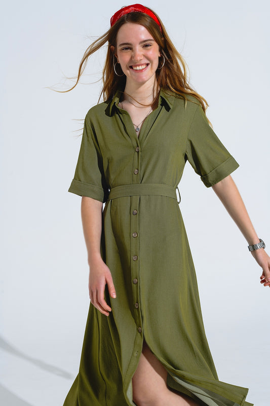 Q2 Green Maxi Shirt Dress With Polo Collar