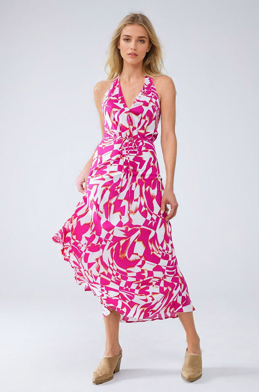 Q2 Halter Midi Dress with Cinched Waist In Abstract fuchsia and White Print