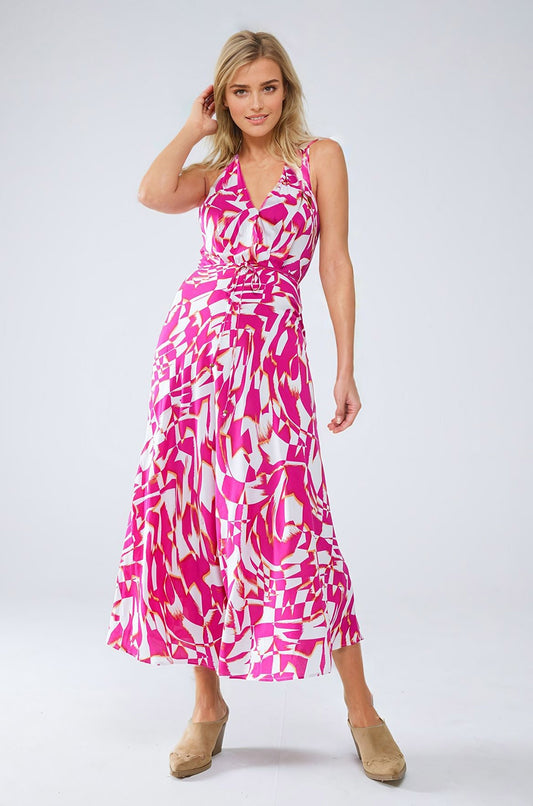 Halter Midi Dress with Cinched Waist In Abstract fuchsia and White Print