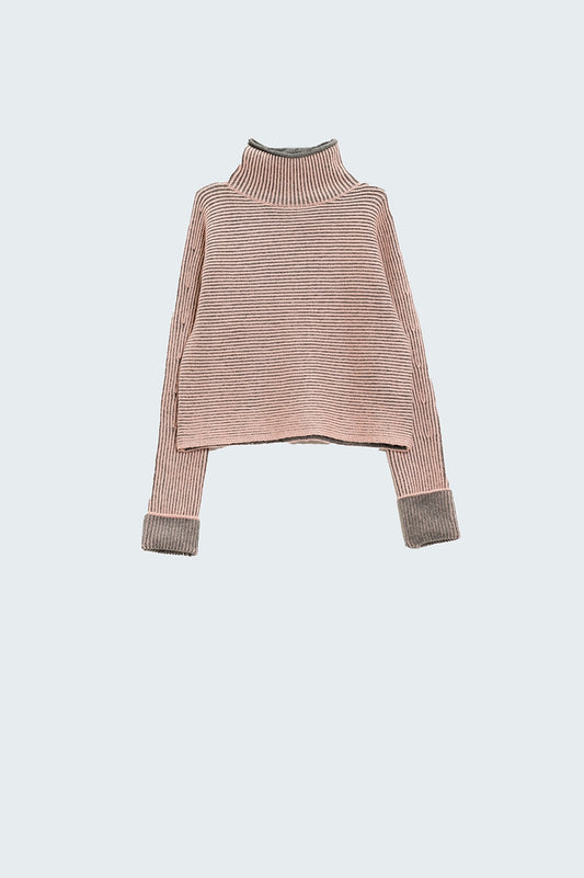 Q2 High Neck Stripey chunky Sweater in Pink and Gray