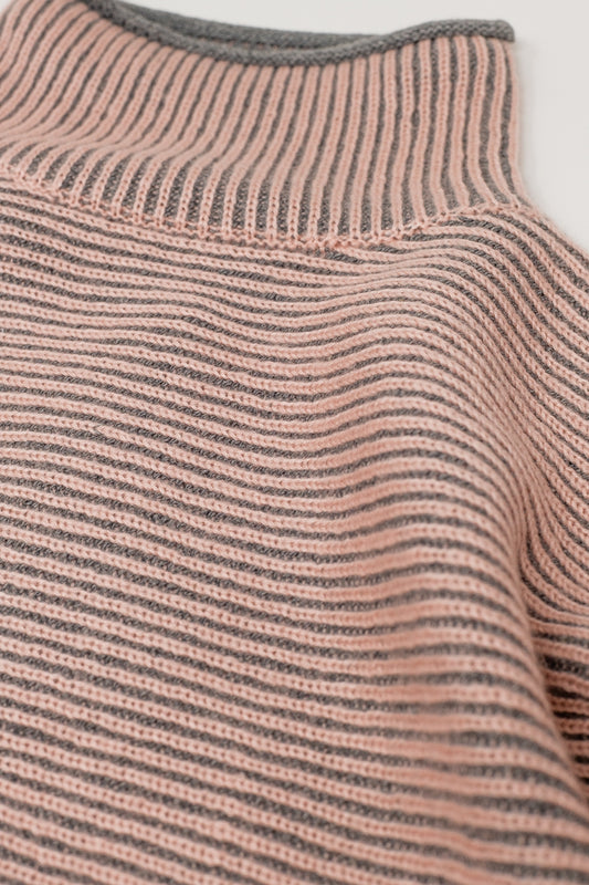 High Neck Stripey chunky Sweater in Pink and Gray