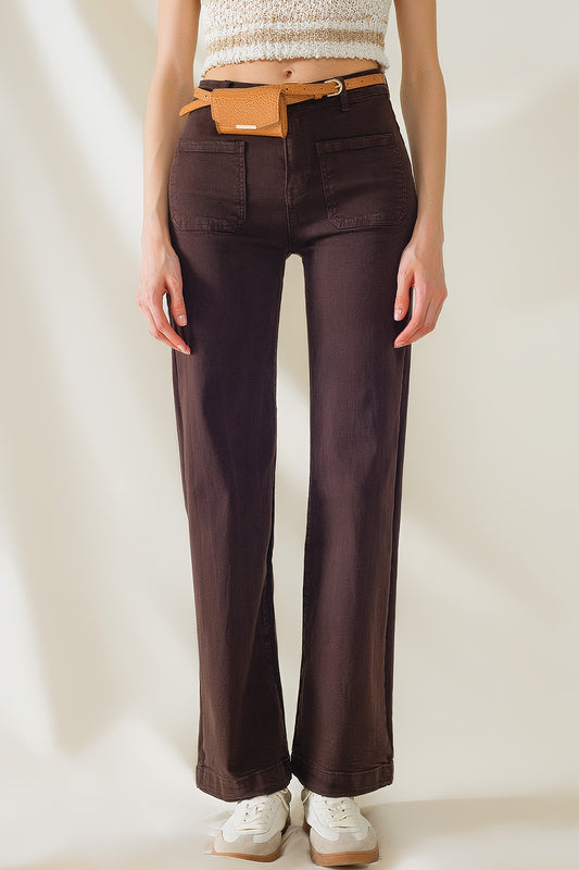 Q2 high waisted front pockets flare jeans in dark brown