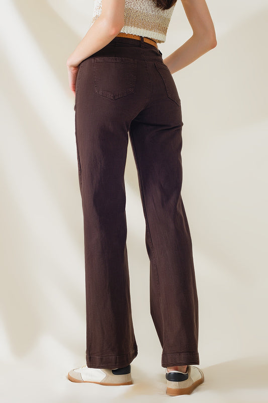 high waisted front pockets flare jeans in dark brown
