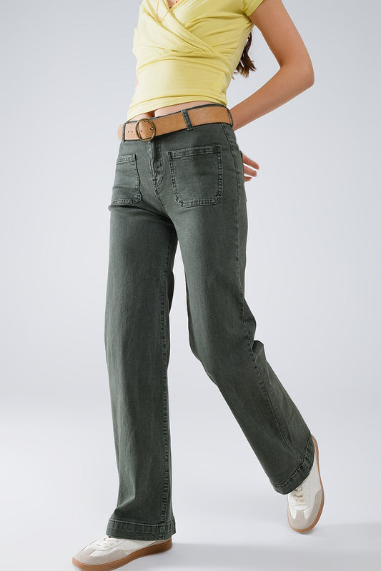 Q2 high waisted front pockets flare jeans in dark khaki