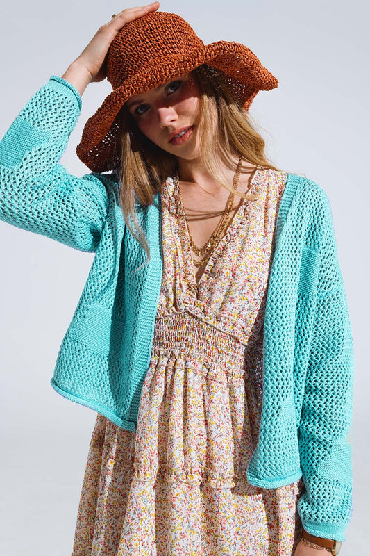 Q2 Knitted Crochet Cardigan With Knitted Clouds In light turquoise