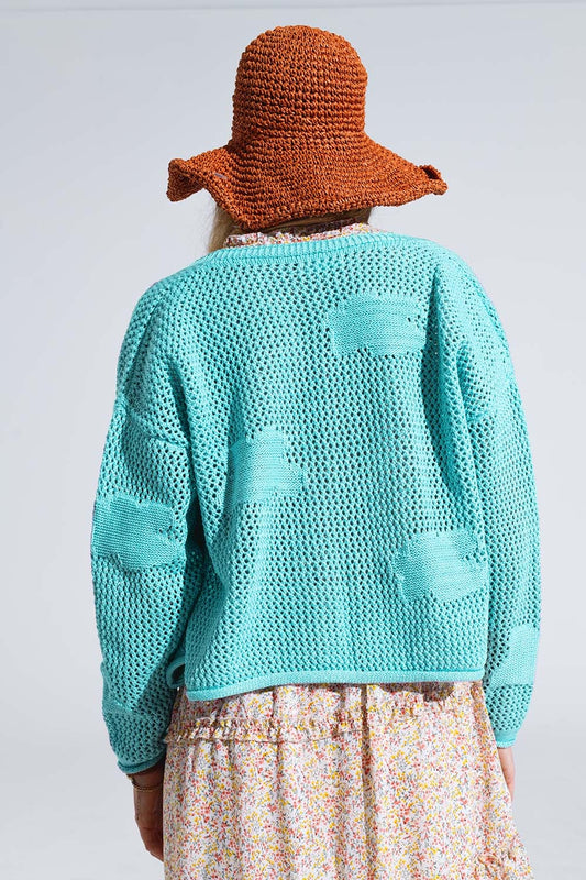Knitted Crochet Cardigan With Knitted Clouds In light turquoise