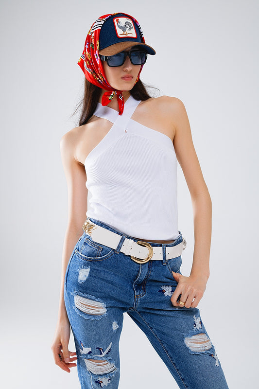 Knitted Cross Front Cropped Top in White