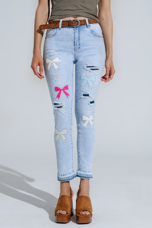 Q2 Light Blue super Skinny Jeans With Bow ties and Ripped Holes