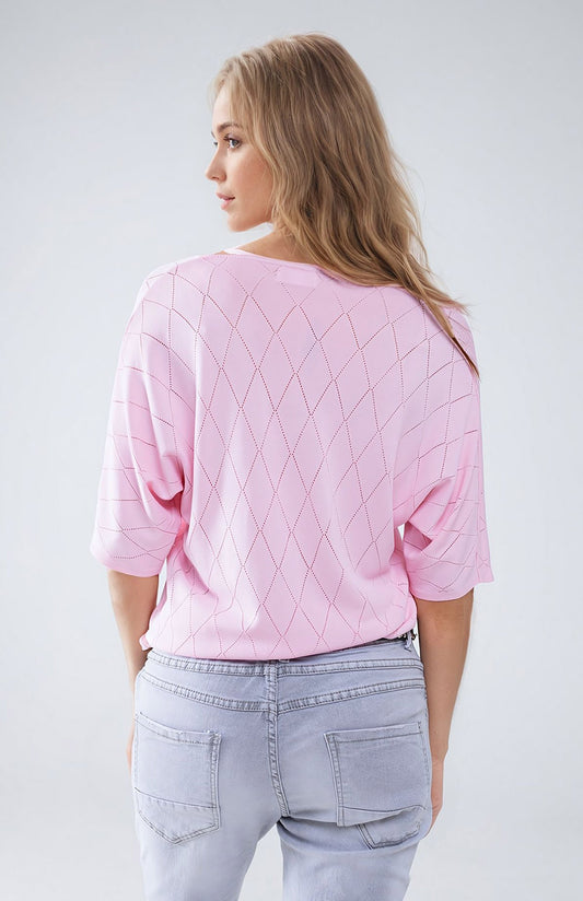 Light Pink Short Sleeve Sweater With Argyle Pattern