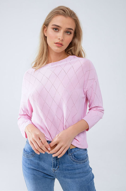 Q2 Light Pink Sweater In Argyle Print With Boat Neck